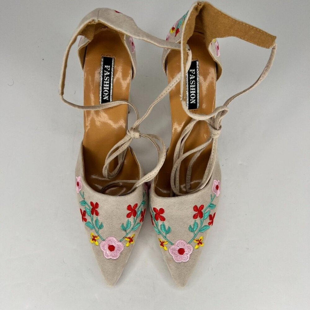 Fashion Womens Cream Suede Floral Block Pointed Toe Slip On Size 42 Pump Heels - Picture 4 of 9